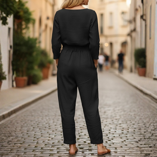 Ensemble deux pièces haut à manches longues ceinturé pantalon fuselé femme
