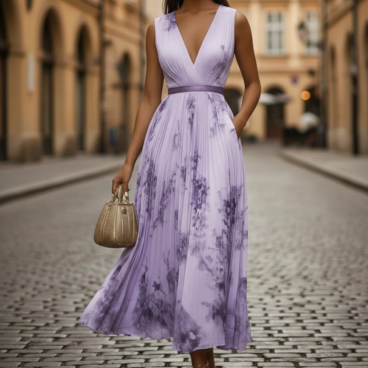 Vestido largo plisado con escote en V y manga larga con estampado floral