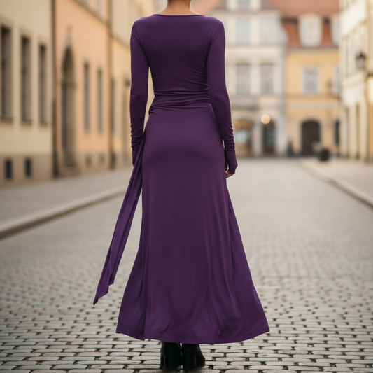 Vestido largo de mujer con nudo lateral, manga larga y hasta el suelo