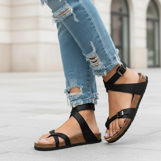 Sandalias de verano para mujer con empeine de cuero y suela de caucho