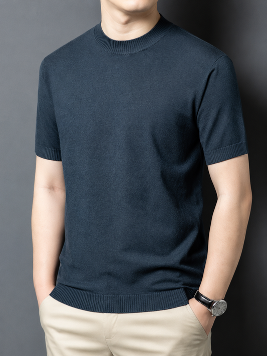 Camiseta para hombre de punto de seda y lana, ajuste slim, manga corta, cuello alto simulado, casual