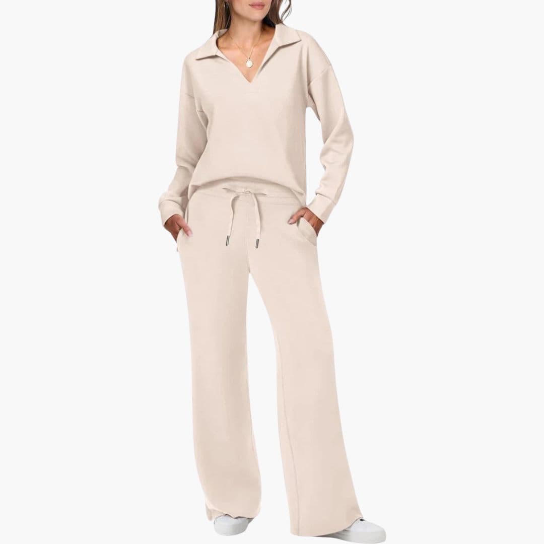 Conjunto de dos piezas para mujer: blusa de manga larga con escote en V y pantalones de pierna ancha casuales