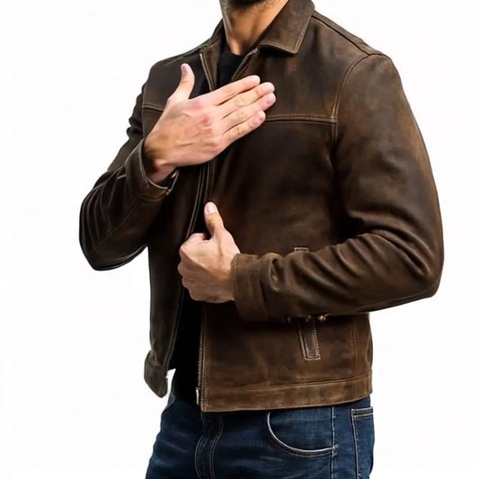 Chaqueta de cuero para hombre estilo motorista con cremallera y manga larga