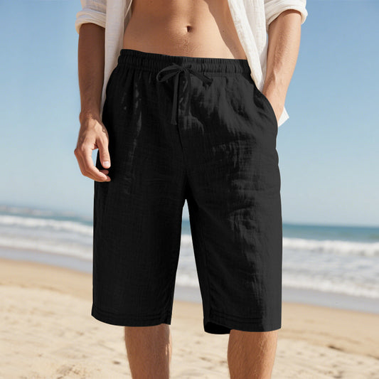 Shorts en lin pour homme coupe décontractée à cordon de serrage été
