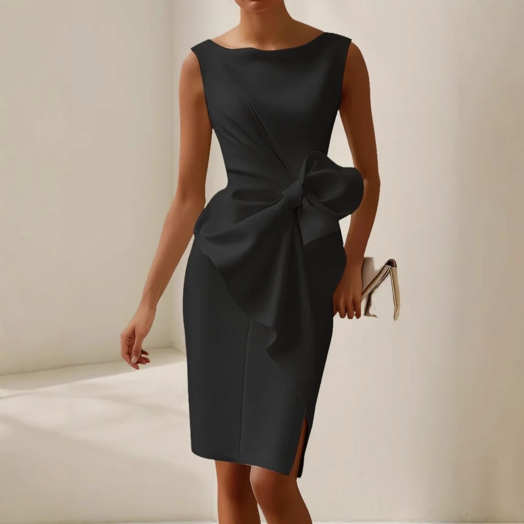Women's Midi Dress Front Bow Sleeveless Round Neck A-Line