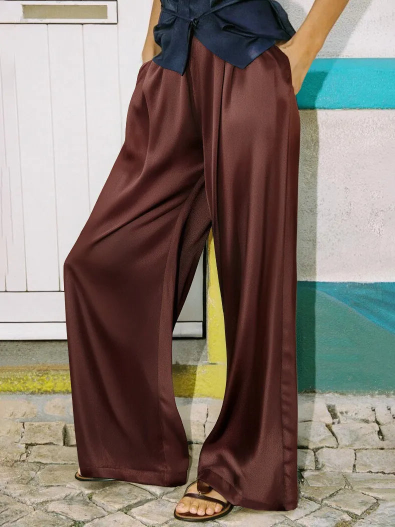 Pantalones de satén para mujer, pierna ancha, cintura alta, ajuste holgado, con bolsillos, casuales