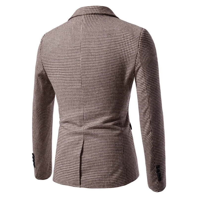 Men's Blazer Houndstooth Slim Fit Button Closure Long Sleeve Business Casual