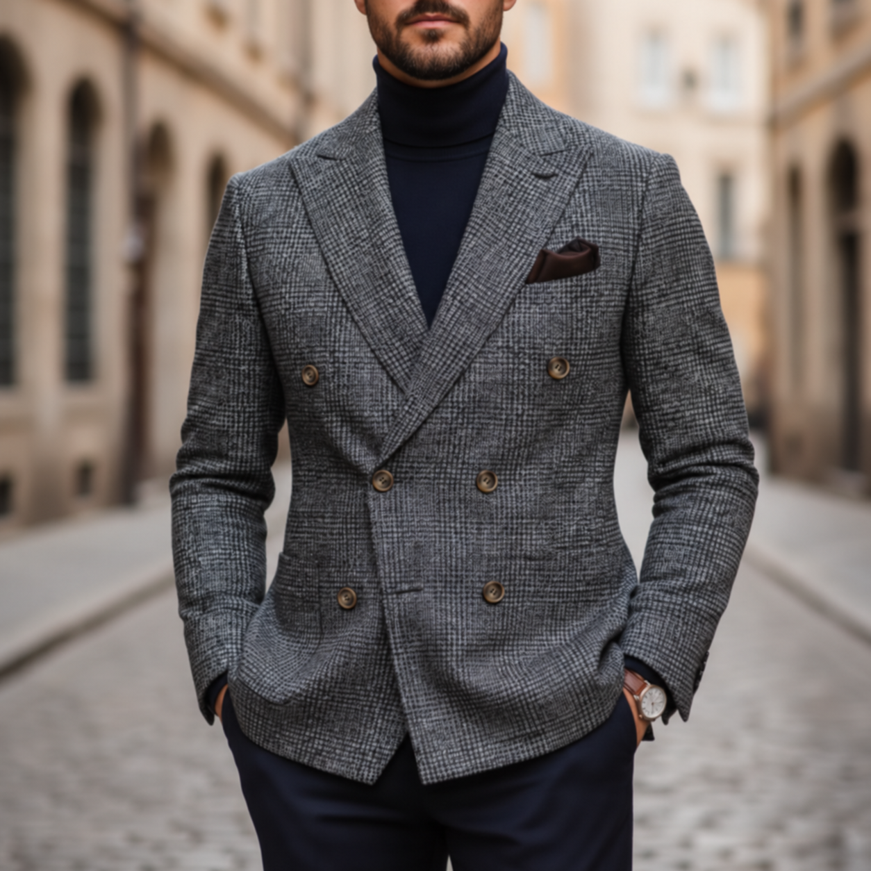 Men Double-Breasted Plaid Blazer