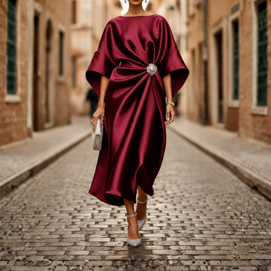 Robe mi-longue pour femme col en V manches coudes jupe évasée