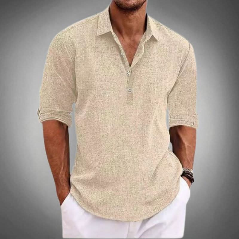 Men's Cotton Linen Henley Shirt | Long Sleeve Relaxed Fit Back