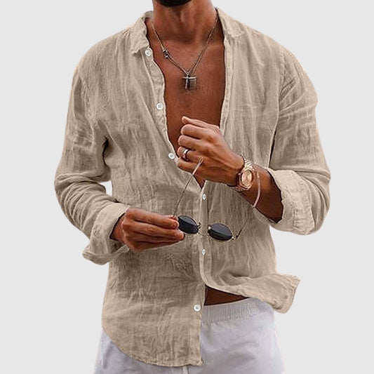 Men's Deep V-Neck Linen Shirt | Button-Down Front