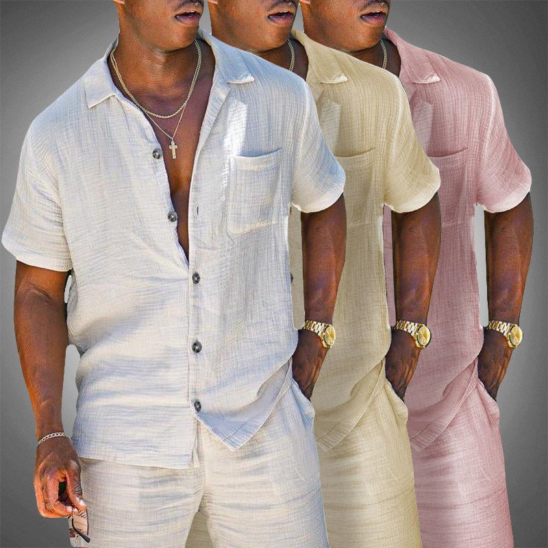 Men's Linen Blend Short Sleeve Loungewear Set | Crinkled Texture Side