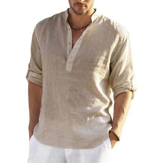 Men's Linen Henley Shirt | Rolled Sleeves Front