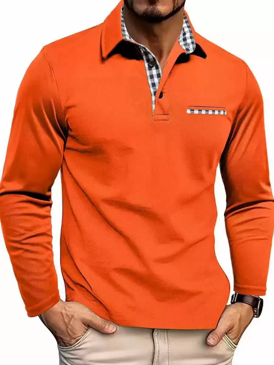 Men's Plaid Collar Long Sleeve Polo Top View 13