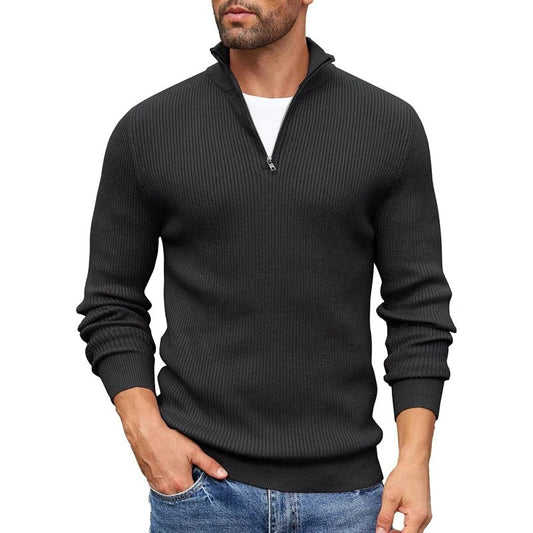 Men's Ribbed Knit Zip-Up Collar Sweater | Slim Fit Front
