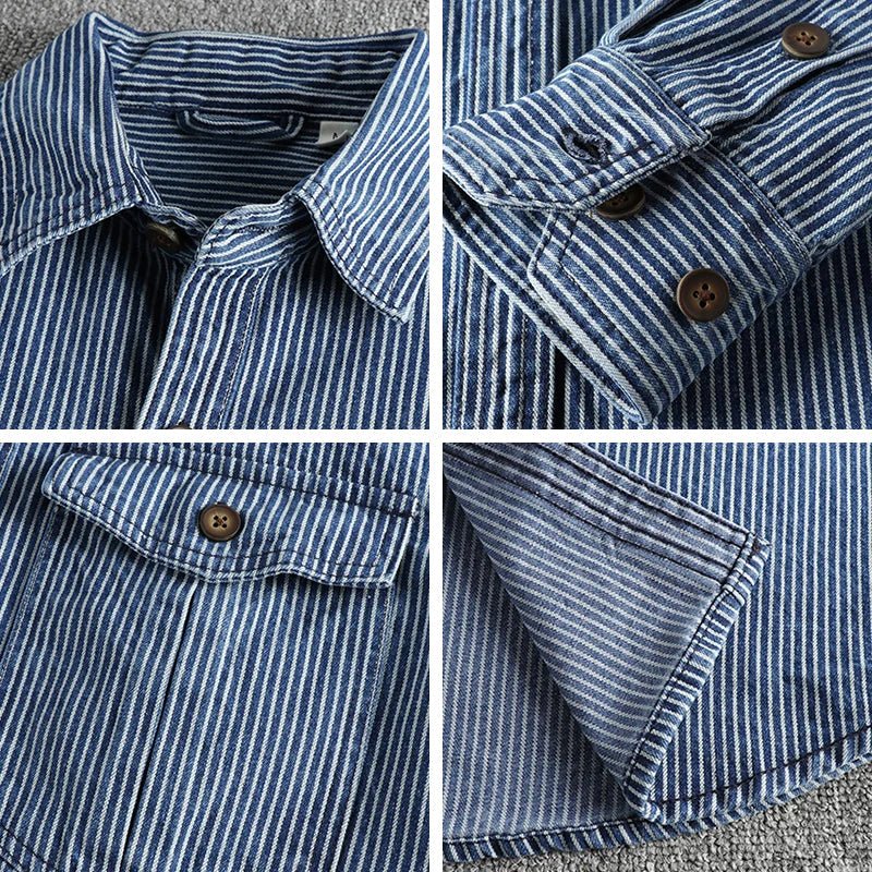 Men's Striped Vintage Denim Shirt | Classic Close Up