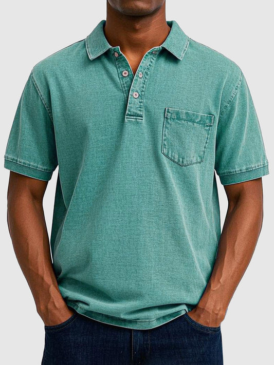 Men's Washed Cotton-Denim Polo Top Front