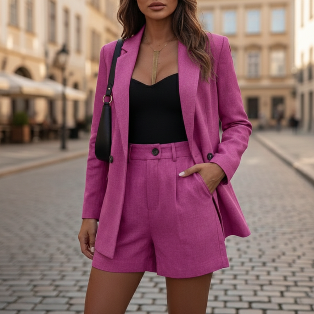 Conjunto de Blazer y Pantalones Cortos para Mujer de Doble Botonadura