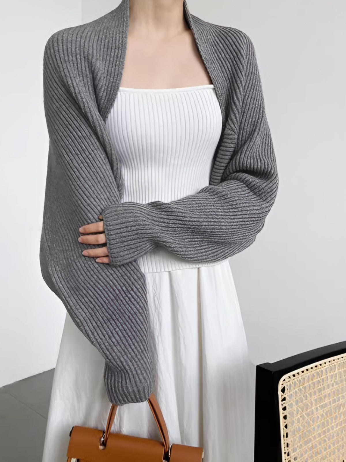 Suéter para mujer tipo shrug, abierto al frente, manga larga, ajuste regular