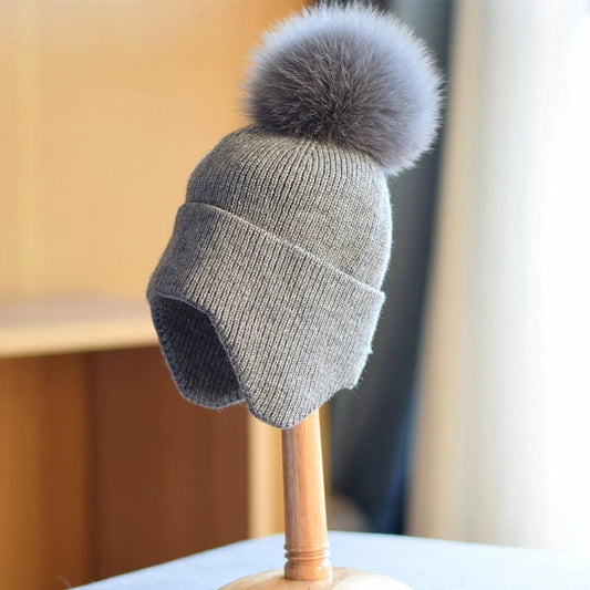 Unisex Ear Flap Pom Beanie | Cotton Blend Winter Hat Front
