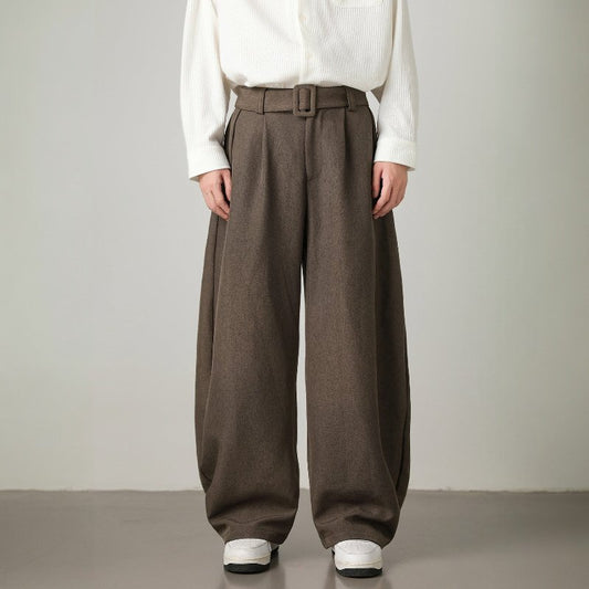 Unisex High-Waist Wide Leg Pants | Balloon Drape Belted Fit Front