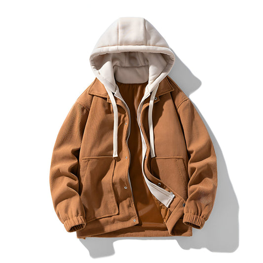 Unisex Hooded Corduroy Jacket | Snap-Button Elasticated Cuffs Front