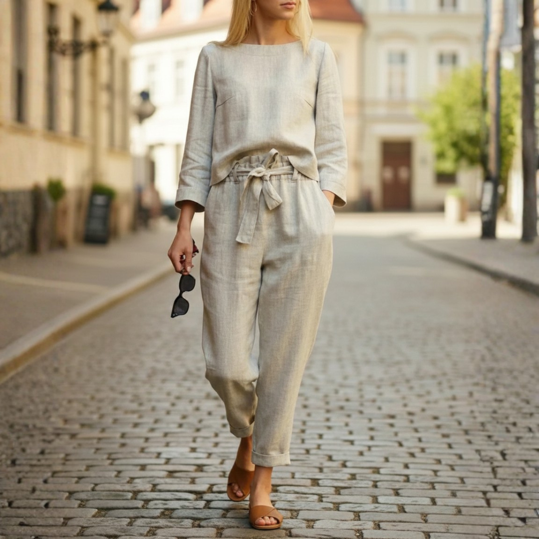 Two Piece Set Long Sleeve Top Tie Waist Tapered Pants Women