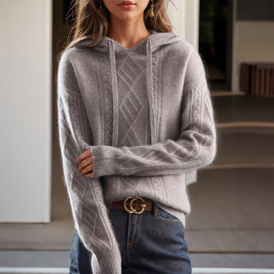 Women's Cable-Knit Hooded Pullover | Wool Blend Drawstring Front