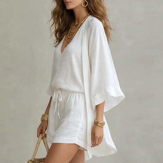 Women's Kimono Linen 3 Piece Co-ord Set | Relaxed Fit Front