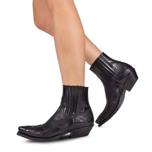 Women's Leather Western Ankle Boots | Ornate Stitching Front