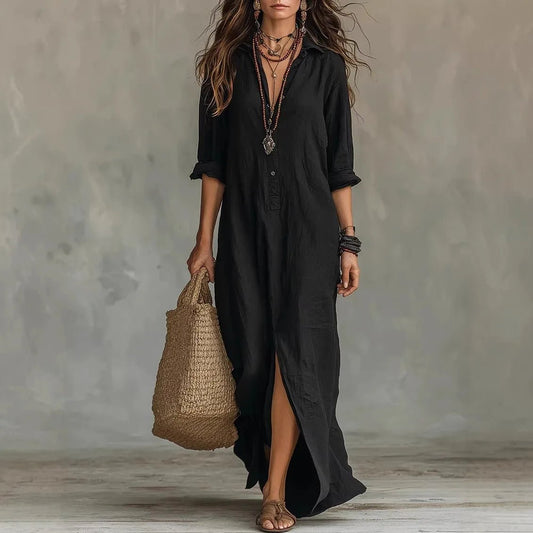 Women's Linen Long Shirt Dress | V-Neck Maxi Front