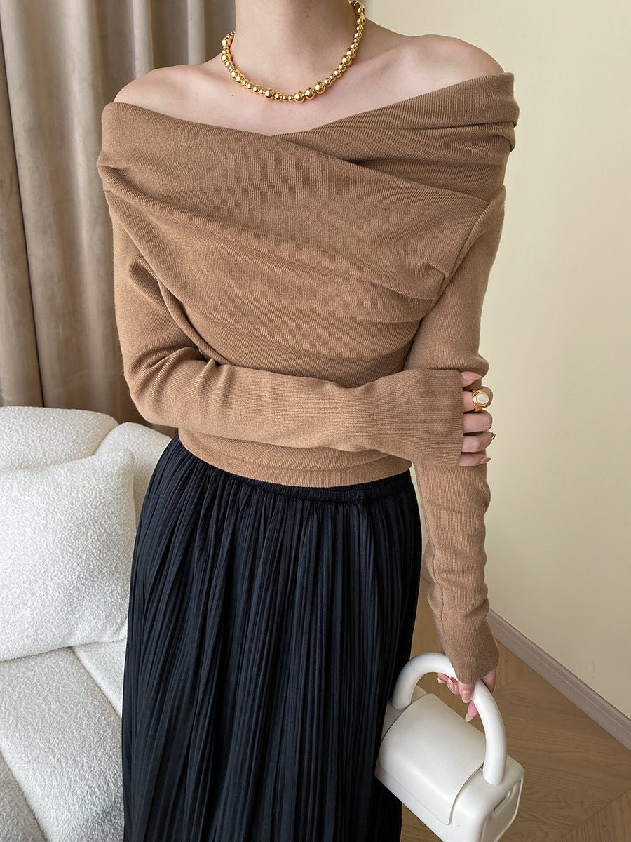 Women's Off Shoulder Wrap Knit Top | Long Sleeve Slim Fit View 12