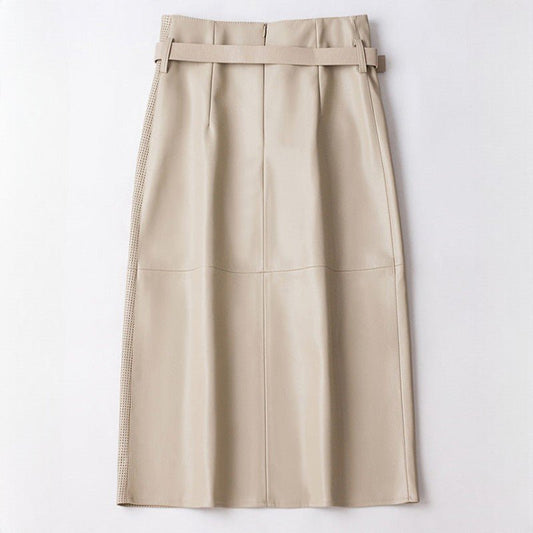 Women's Sheepskin Leather Skirt | Perforated Panel Asymmetric Front