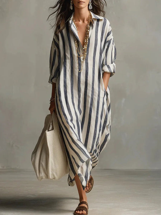 Women's Striped Linen Long Shirt Dress | Loose Fit Hero