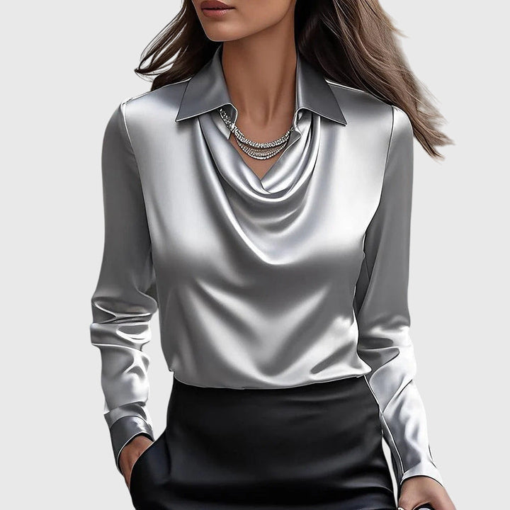 Women's Blouse Satin Button-Up Long Sleeve Pleated Collar