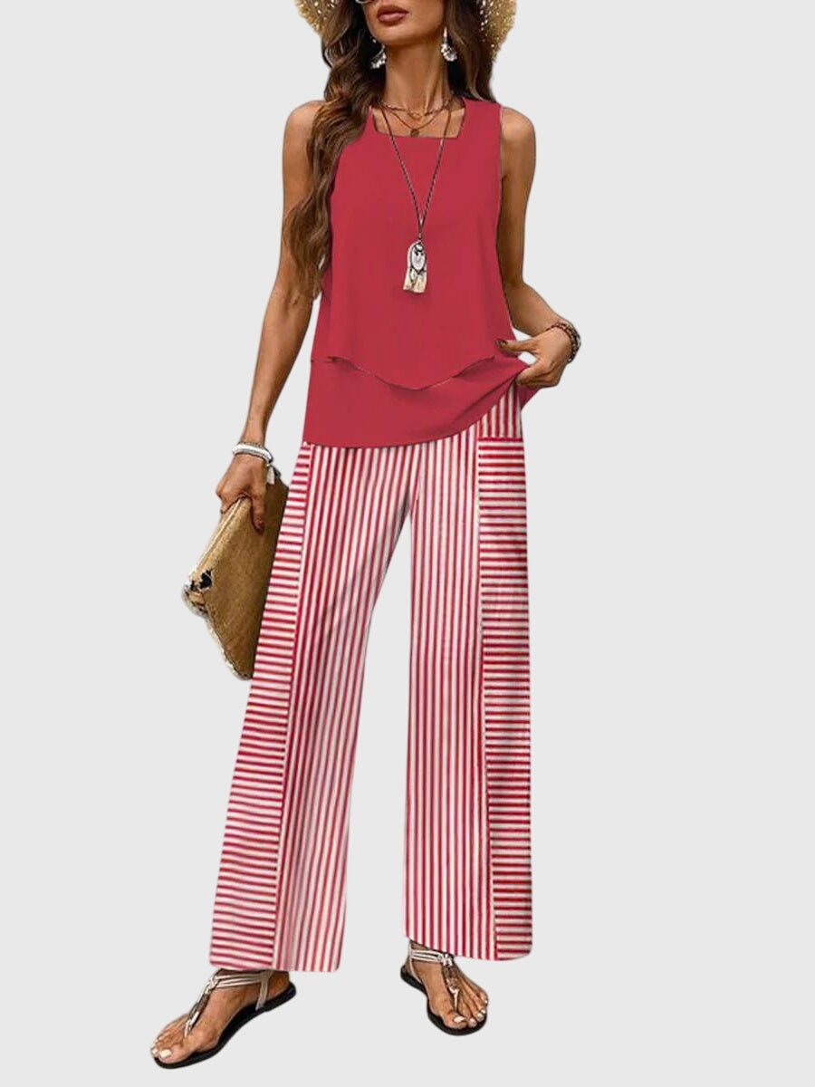 Ensemble deux pièces femme sans manches coupe slim à boutons été