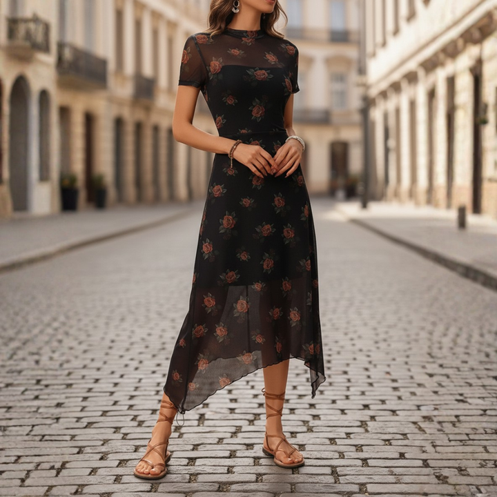Vestido midi de malla con flores de rosa para mujer