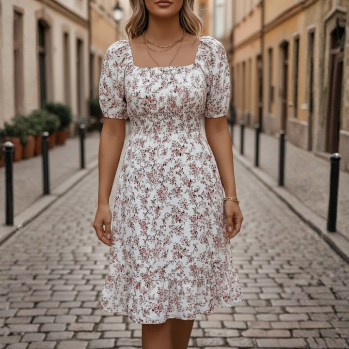 Women Floral Dress Square Neck Short Sleeve High Waist