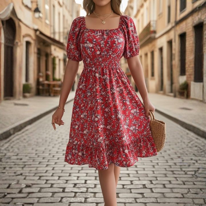 Women Floral Dress Square Neck Short Sleeve High Waist