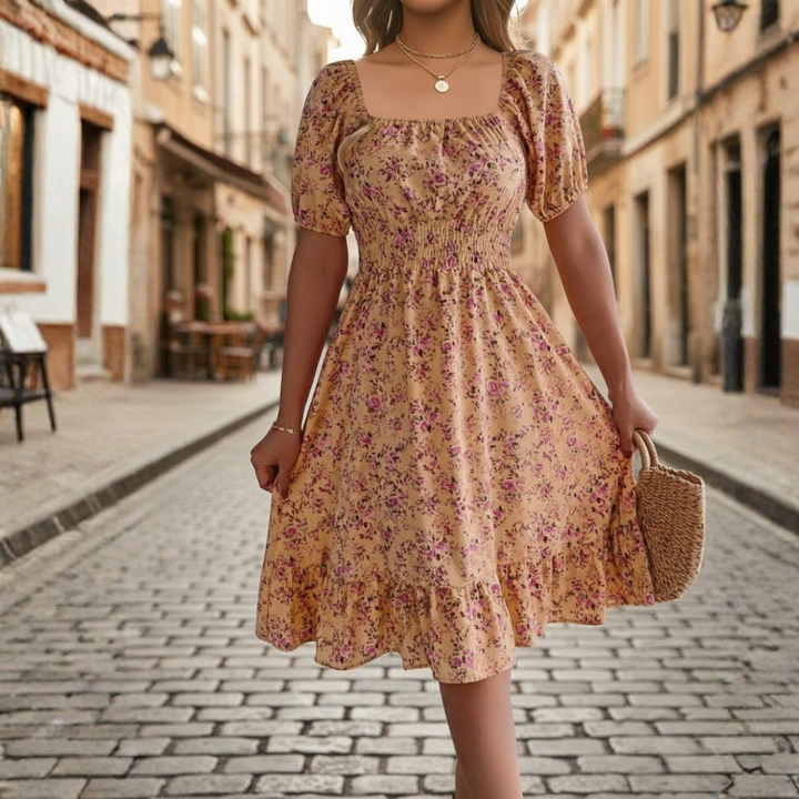 Women Floral Dress Square Neck Short Sleeve High Waist