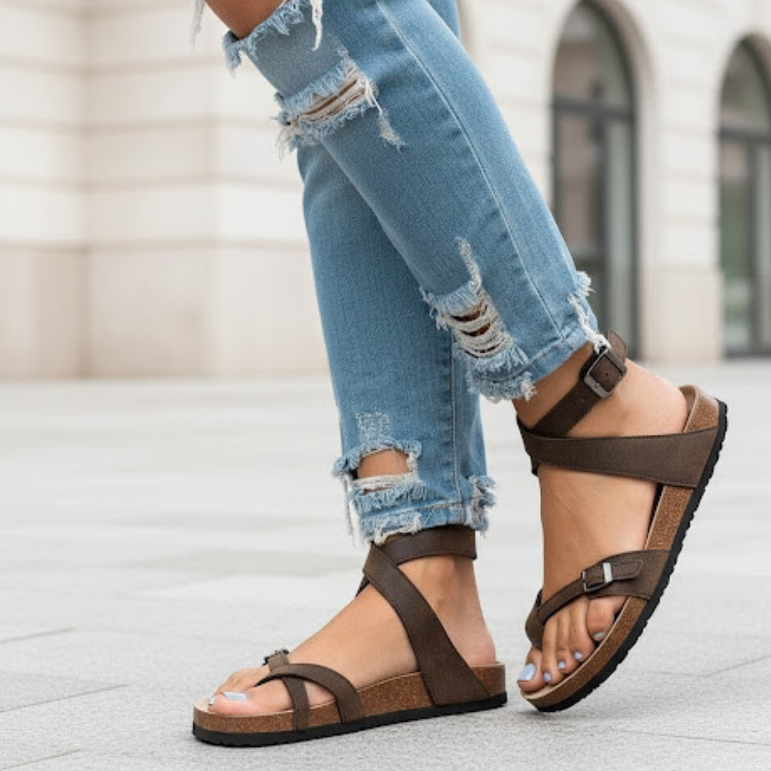 Sandalias de verano para mujer con empeine de cuero y suela de caucho