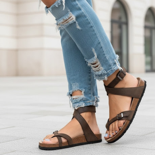Sandalias de verano para mujer con empeine de cuero y suela de caucho