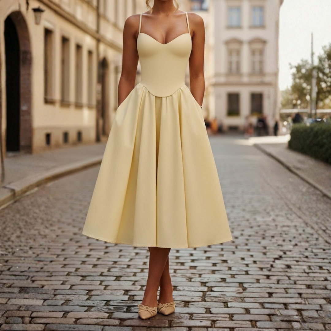 Robe mi-longue citron pour femme avec corsage à corset et encolure en cœur