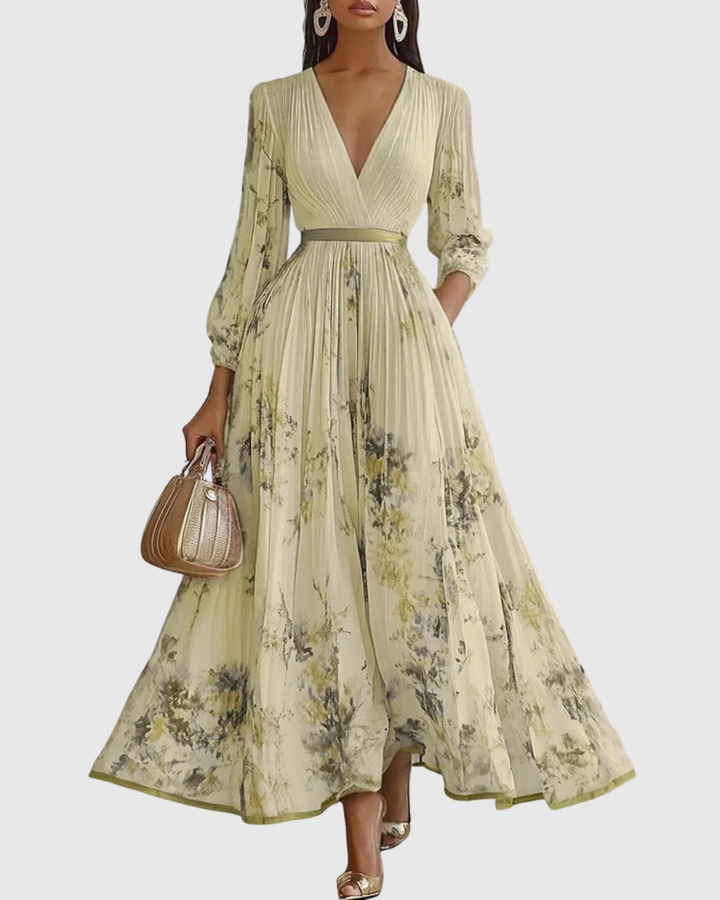 Women's Maxi Dress Satin Pleated V-Neck Long Sleeve Adjustable Waist