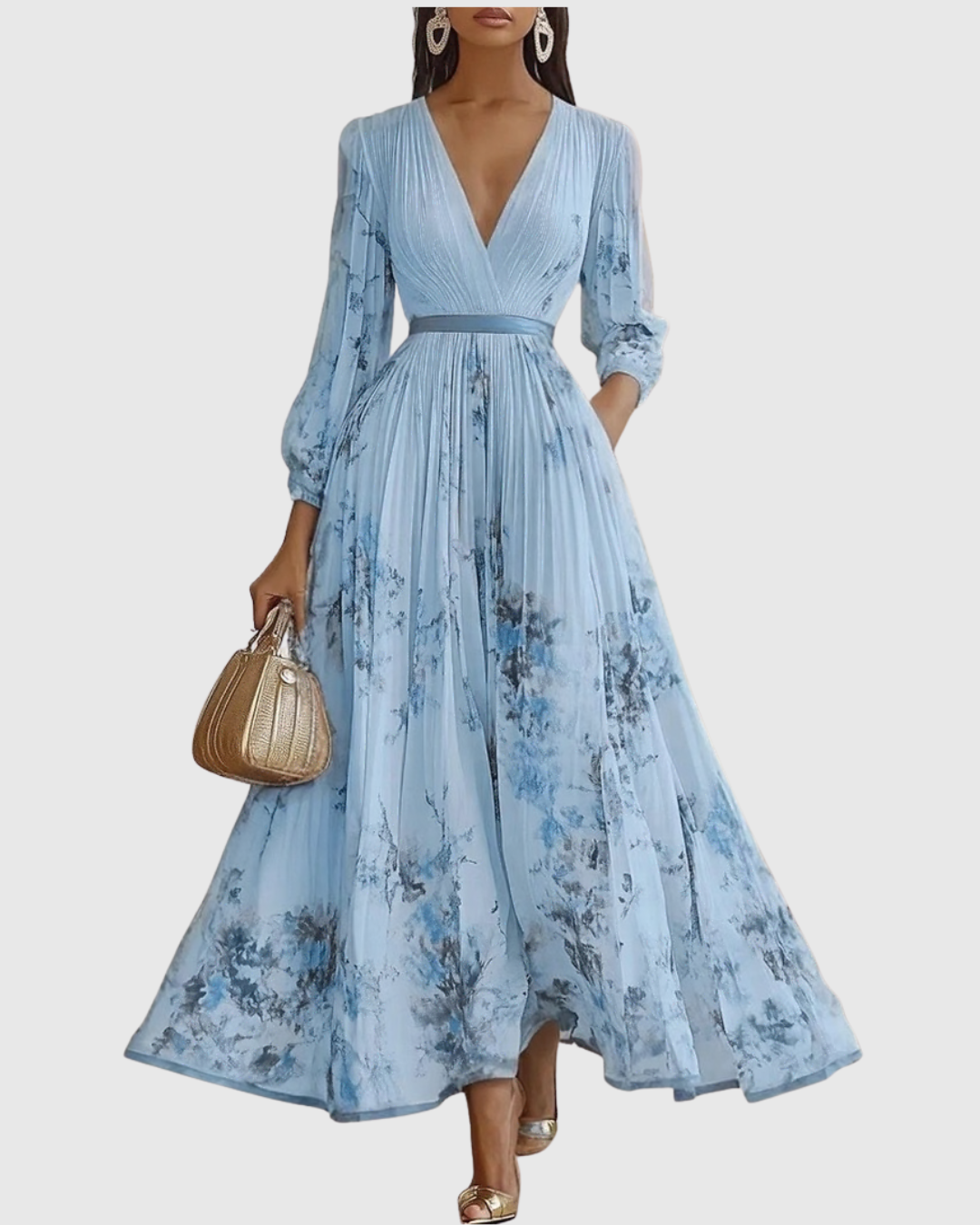 Women's Maxi Dress Satin Pleated V-Neck Long Sleeve Adjustable Waist