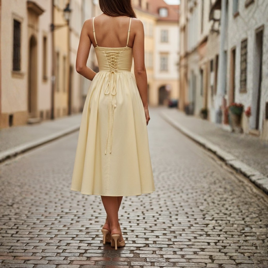 Robe mi-longue citron pour femme avec corsage à corset et encolure en cœur