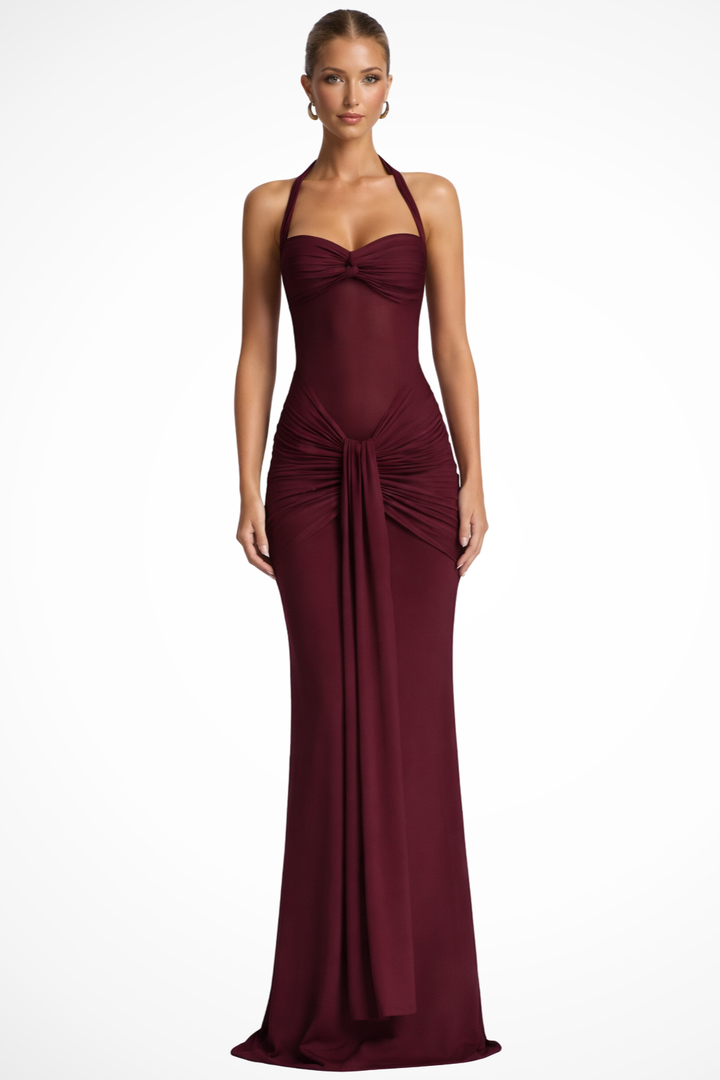 Women's Maxi Dress Ruched Sleeveless Halter Neck Backless A-Line