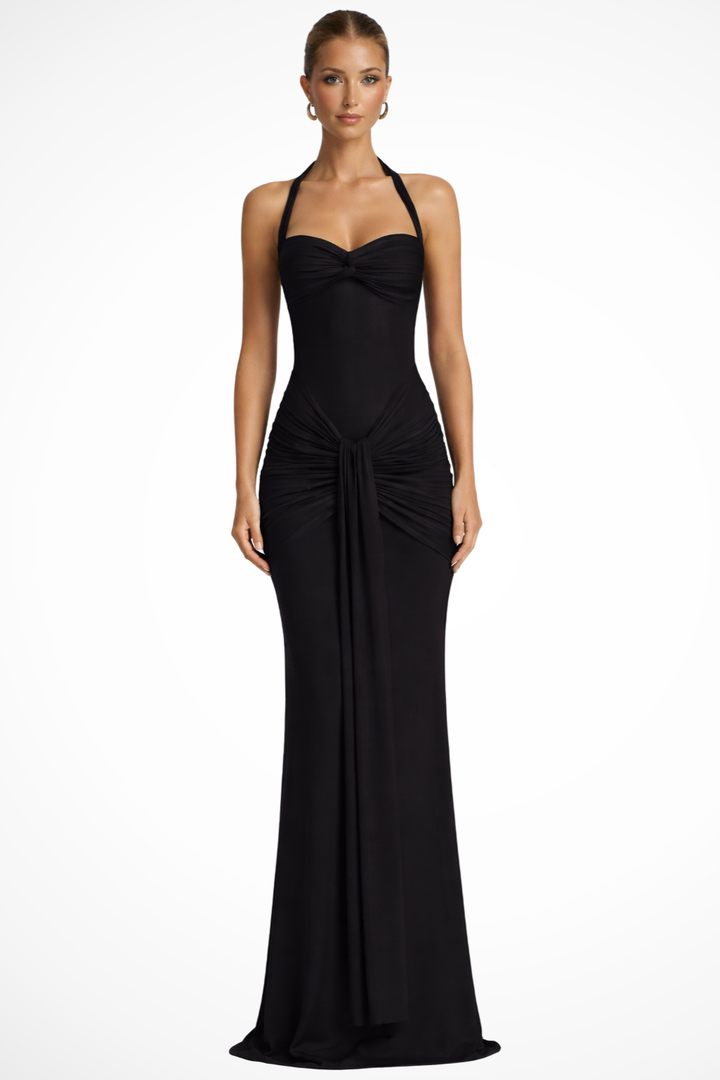 Women's Maxi Dress Ruched Sleeveless Halter Neck Backless A-Line