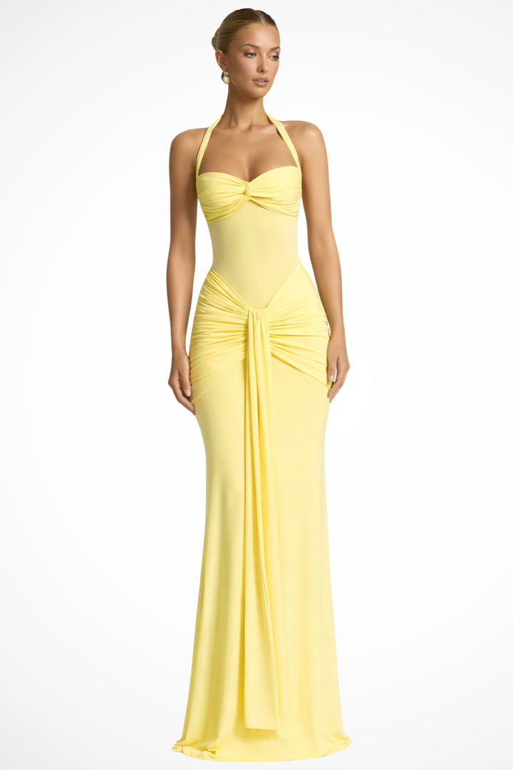 Women's Maxi Dress Ruched Sleeveless Halter Neck Backless A-Line
