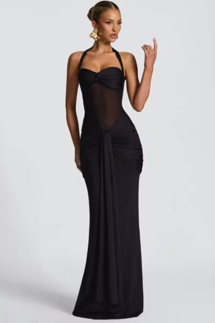 Women's Maxi Dress Ruched Sleeveless Halter Neck Backless A-Line